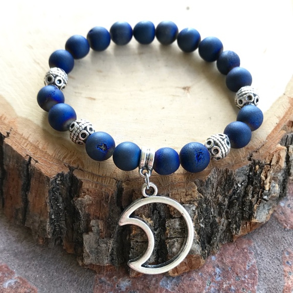 Blue druzzy quartz gemstones beads  silver moon charm boho bracelet